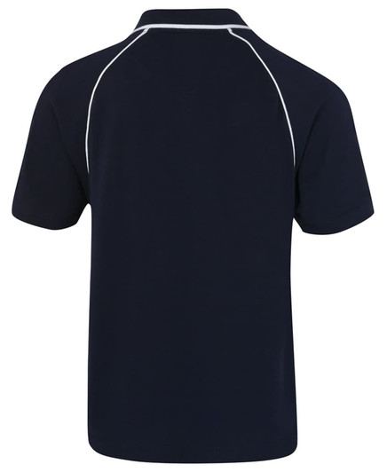 A navy blue polo shirt featuring a contrasting white piping detail and a logo on the back.