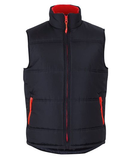 A black puffer vest with a red interior and zippers, featuring a high collar and side pockets.