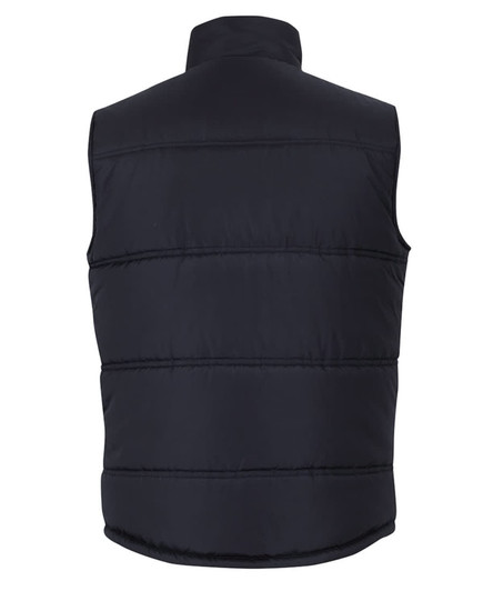 A black puffer vest featuring a high collar and a quilted design, with a logo displayed.