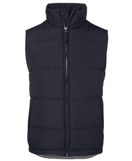 A dark navy puffer vest with a high collar and front zip. It features stitched panel detailing and a branding logo.