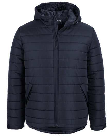 A navy hooded puffer jacket with a zip front and horizontal quilting, featuring a logo on the inside.