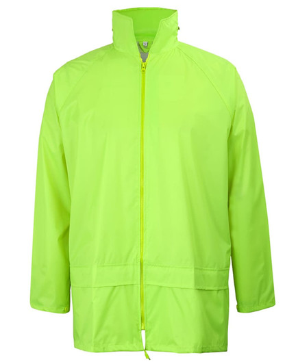 A bright green rain jacket featuring a zip front and a collar, with a logo on one side.
