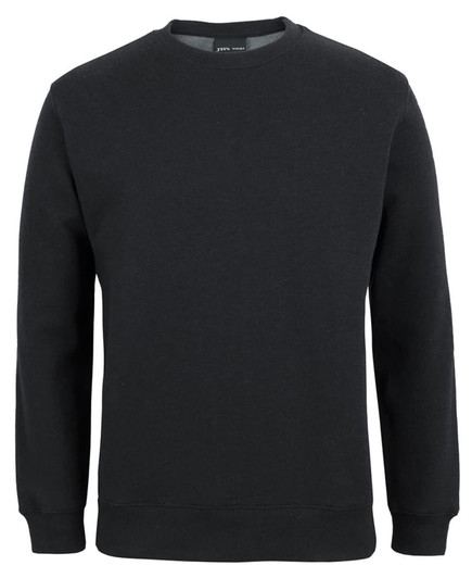 A black jumper with a crew neck and long sleeves. It features a solid design and includes a branding logo.
