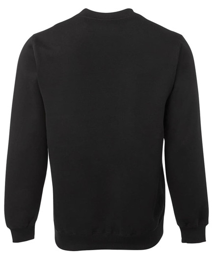 A black V-neck fleece sweater with long sleeves and a plain back. It features a logo.