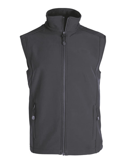 A black softshell vest with a high collar and zip closure, featuring two front pockets and a logo.