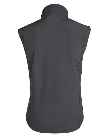 A dark grey softshell vest with a high collar, featuring a logo on the back.