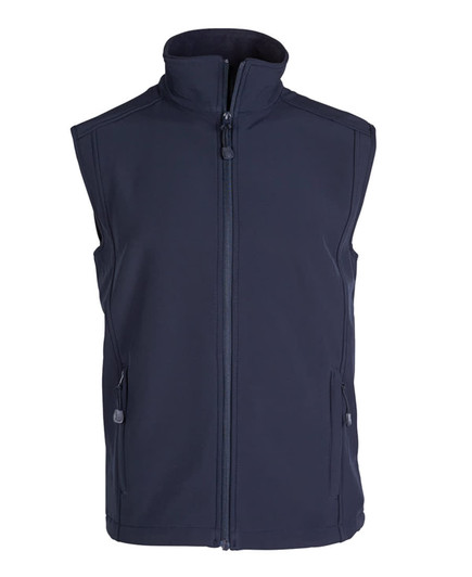 A navy softshell vest with a high collar and two zippered side pockets, featuring a branded logo.
