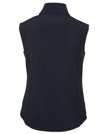 A dark navy softshell vest featuring a high collar and sleeveless design, with a logo on the back.