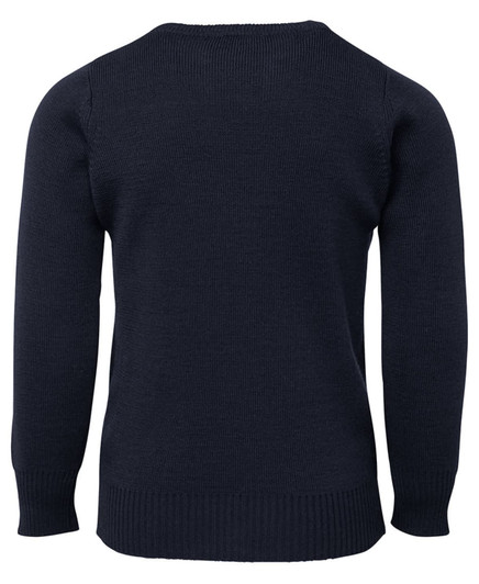 A navy knitted jumper featuring a simple design, with long sleeves and a ribbed hem. It has a logo on the back.
