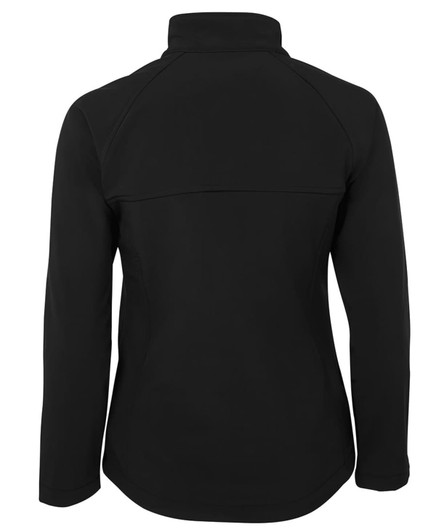 A black soft shell jacket with a high collar and a sleek design, featuring a logo on the back.