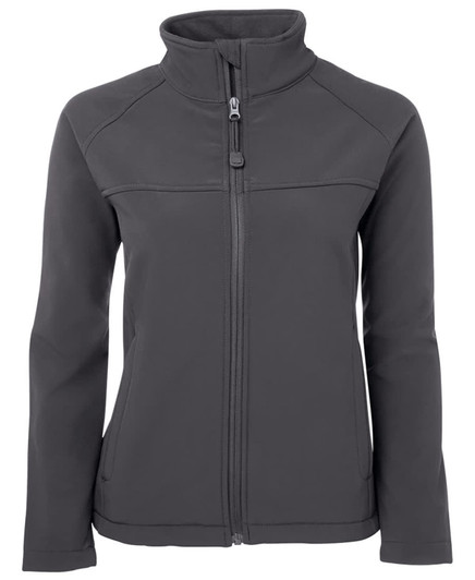 A softshell jacket in dark grey with a high collar and zip front, featuring a logo on the chest.