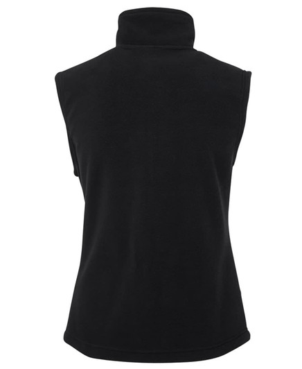 A black polar vest with a high collar, featuring a smooth, soft texture. The back view showcases its sleeveless design.