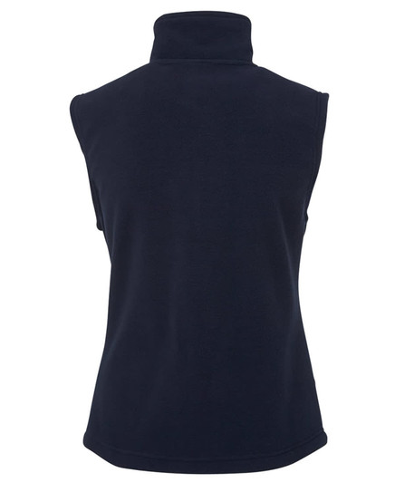 A navy polar vest featuring a high collar and a sleeveless design. It has a logo on the front.