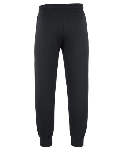Black track pants with an elasticated waistband and cuffs, featuring a logo on the side.