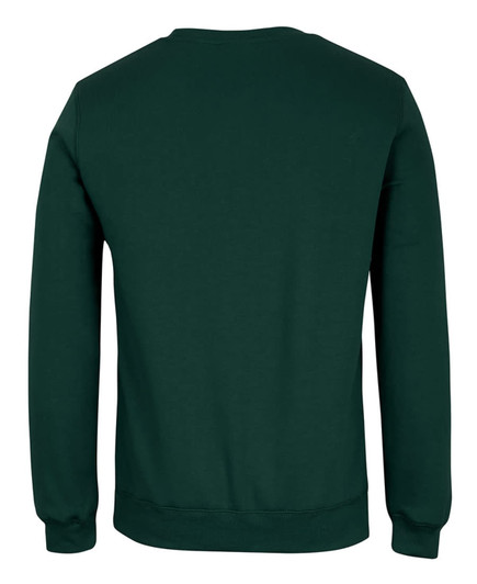 A green jumper with a crew neck and long sleeves, featuring a logo on the back.