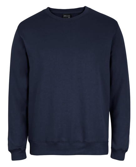 A navy jumper with a crew neckline and ribbed cuffs, featuring a small logo on the front.