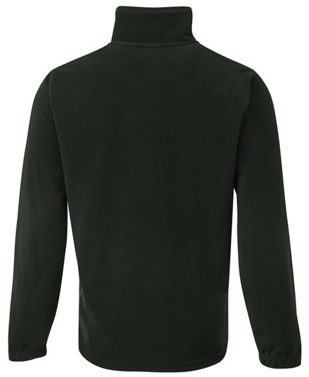 A dark green polar fleece jumper featuring a half zip and a high collar. It has a plain design with no visible logos.