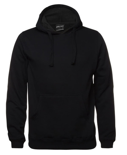 A black hoodie featuring a front pocket and a drawstring hood, with a logo on the label.