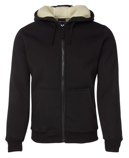 A black hoodie featuring a natural-coloured fleece lining and a front zip. It has a logo on the chest and pockets.