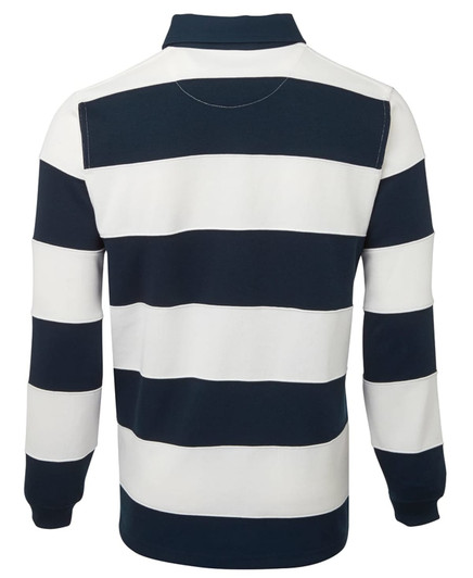 A rugby-striped T-shirt in navy and white, featuring long sleeves and a classic collar. It has a brand logo.