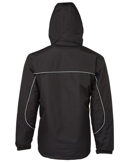 A black rain jacket featuring a hood, with reflective detailing and a simple design. It has a logo on the back.