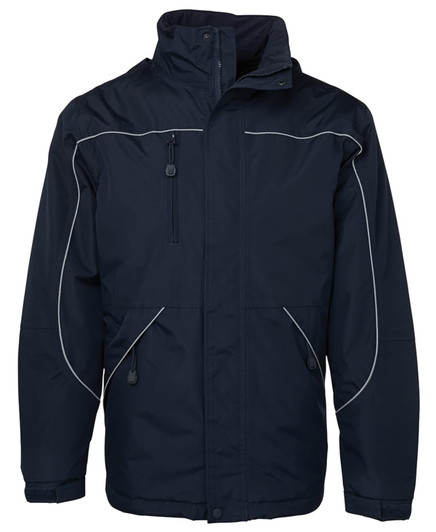 A navy rain jacket with white piping, featuring a front zip, high collar, and multiple pockets. It has a logo.