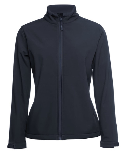 A black women's three-layer softshell jacket with a front zip and a high collar. It has a logo on it.