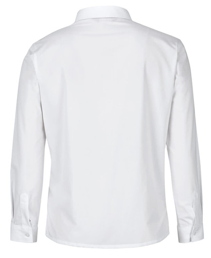 A white long-sleeved button-up shirt with a collar and double-layered design, featuring a logo on the back.