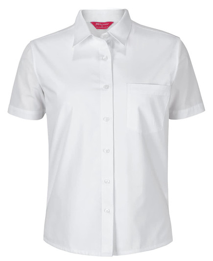 A white button-up shirt with short sleeves and a chest pocket, featuring a logo.