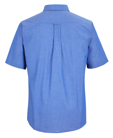 A short-sleeved indigo chambray shirt featuring a back pleat and a collar, with a subtle logo.