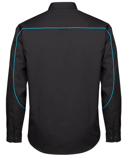 A black long-sleeve button-up shirt with blue piping and a logo on the back.