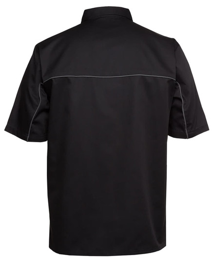 A button-up shirt in black and charcoal, featuring a logo and short sleeves, shown from the back.
