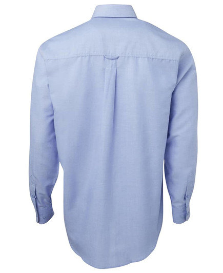 A long-sleeve light blue Oxford shirt with a button-up design and a logo on the back.