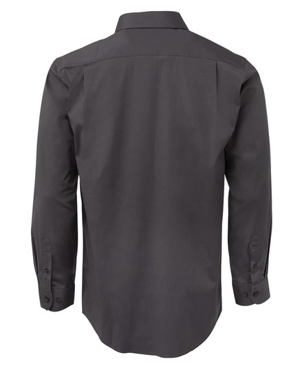 A black long-sleeved button-up shirt with a back view and a logo on the fabric.