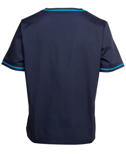 A navy unisex scrub top featuring contrast detailing on the sleeves and a simple, plain back design.