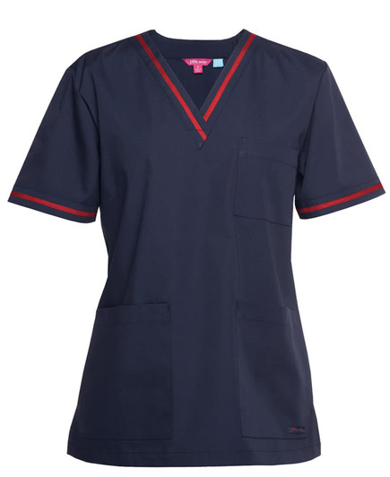 A navy scrubs top featuring short sleeves, red contrast trim, and a pocket on the front. Includes a logo.