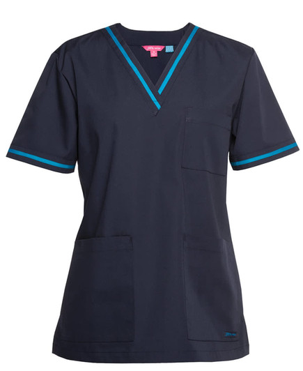 A navy scrub top with contrasting teal trim and a pocket, featuring short sleeves and a V-neckline.