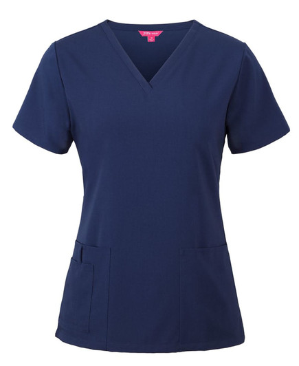A navy blue women's scrub top featuring a V-neck design and pockets, with a branding logo.
