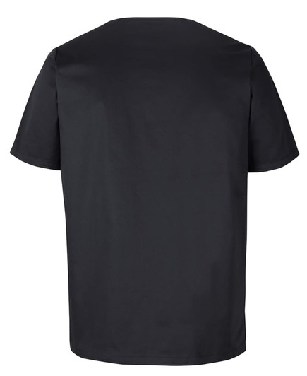 A unisex scrub top in black, featuring a simple design with short sleeves and a round neckline.
