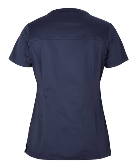 A navy blue ladies scrub top with a short sleeve and a simple, clean design. It features a logo.