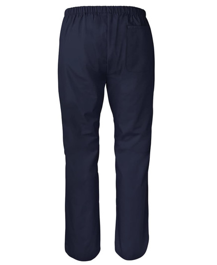 A pair of navy blue women's scrub pants featuring an elastic waistband and a back pocket.