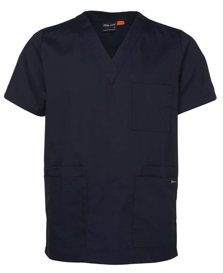 A navy blue unisex scrubs top with short sleeves, featuring a pocket on the chest and two front pockets.
