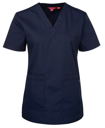 A navy blue scrub top with a V-neck design and two front pockets. It has a logo on the side.