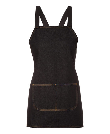 A black denim bib apron featuring a cross-back design and a front pocket. Includes a logo on the fabric.