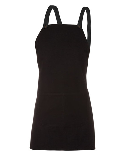 A black canvas bib apron with cross back straps and a front pocket. It features a branding logo.