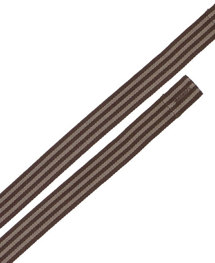 A brown and cream striped apron strap with a logo, designed for changeable fastening.