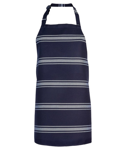 A navy blue apron with grey stripes and a halter neck. It features a logo or branding.