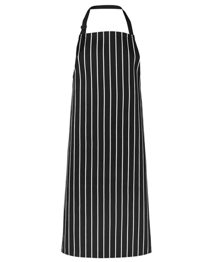 A black and white striped apron without pockets, designed for workwear. It features an adjustable neck strap and a logo.
