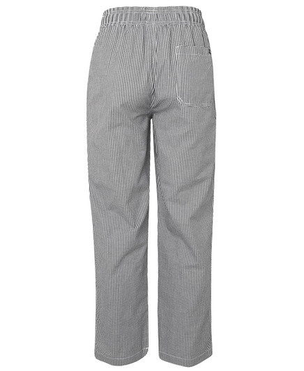 Elasticated pants in a black and white checkered pattern with a plain back view and an elastic waistband.