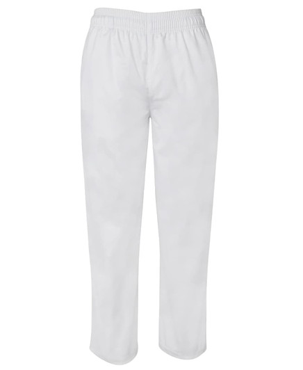 White elasticated pants featuring a simple design and an elastic waistband, suitable for casual wear.